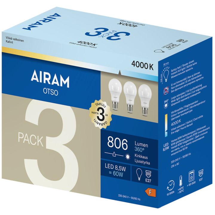 Vakiolamppu Airam LED E27 806 lm 4000 K 3 kpl