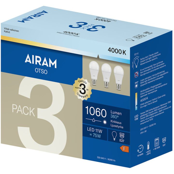 Vakiolamppu Airam LED E27 1060 lm 4000 K 3 kpl