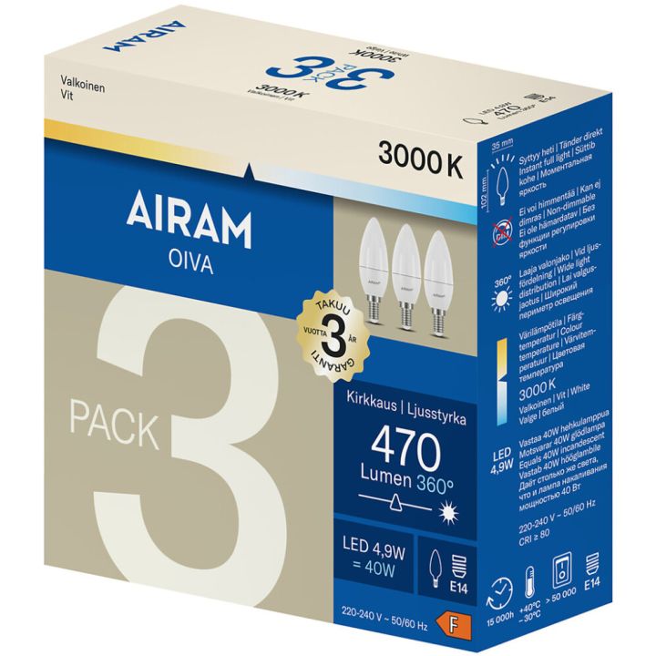 Kynttilälamppu Airam LED E14 470 lm 3000 K 3 kpl