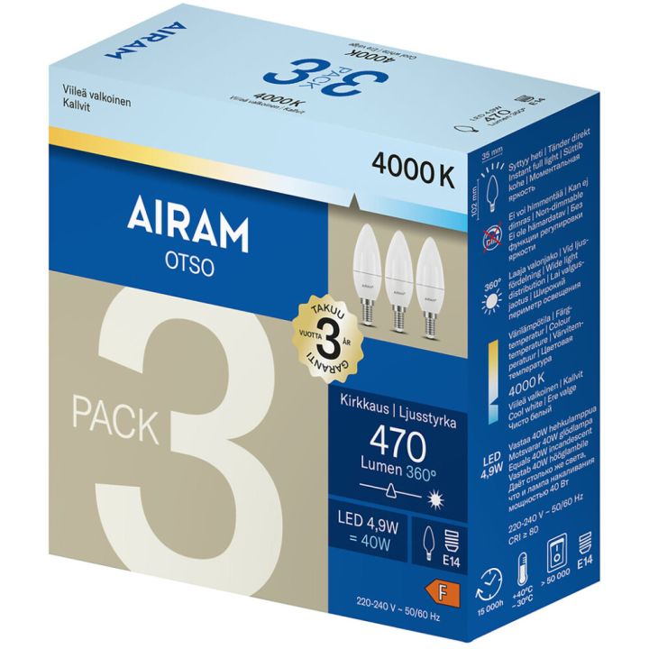 Kynttilälamppu Airam LED E14 470 lm 4000 K 3 kpl