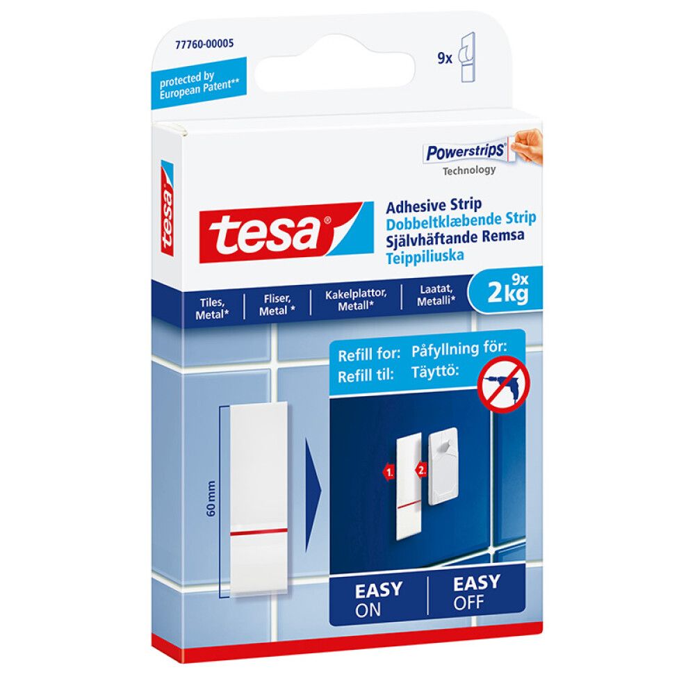 Kaksipuolinen teippiliuska tesa® laatoille ja metallille 9 x 2 kg, Täyttöpakkaus