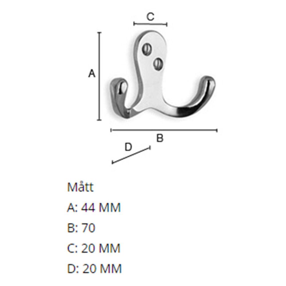 Kaksoiskoukku Beslagsboden BK246M 44 mm mattakromi