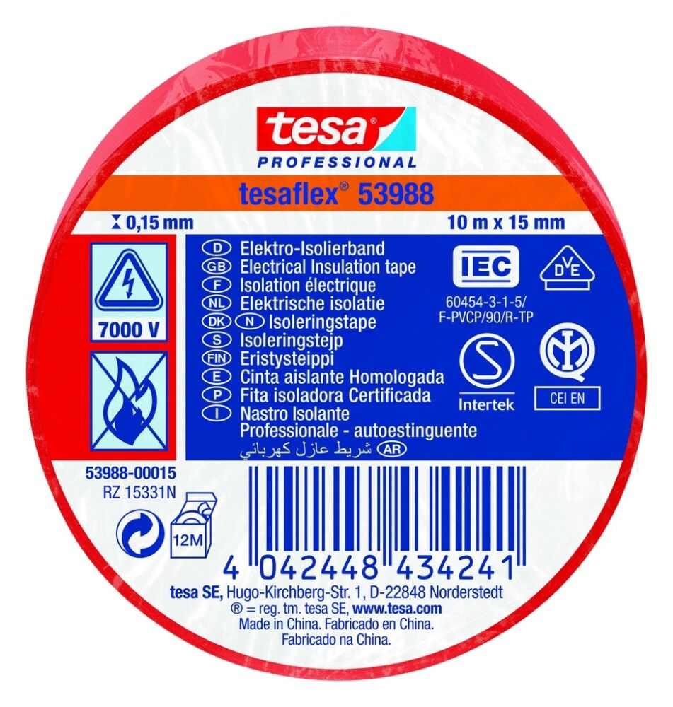 Eristysteippi Tesa Punainen 10 m x 15 mm
