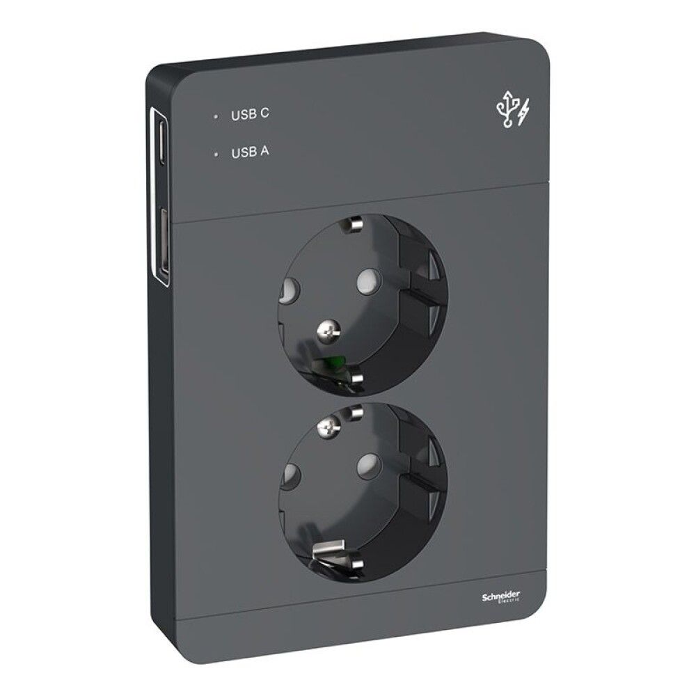 Pistorasia Schneider Electric Exxact 2 -osainen 2x USB A+C Antrasiitti