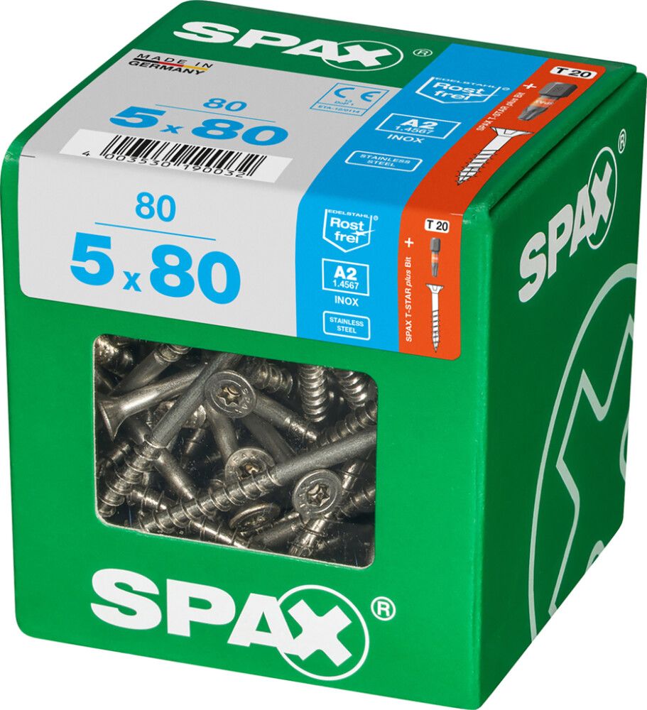 Ruostumaton Universal Ruuvi Spax A2 TRX 5x80 XL 80 KPL