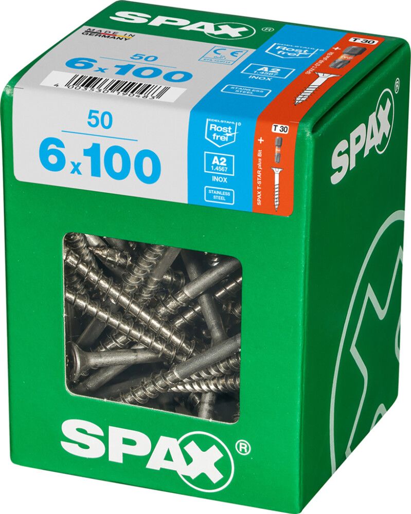 Ruostumaton Universal Ruuvi Spax A2 TRX 6,0x100 XL 50 KPL
