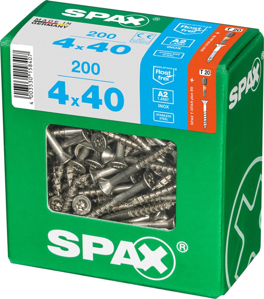 Ruostumaton Universal Ruuvi Spax A2 TRX 4,0x40 XL 200 KPL