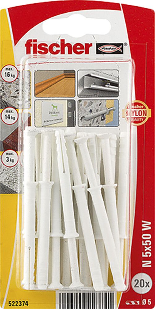 Naulatulppa Fischer N 5 x 50 mm Valkoinen 20 kpl/pkt