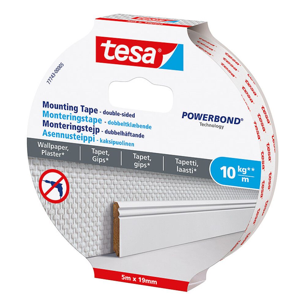 Asennusteippi tesa® tapetti- ja rappauspinnoille 10 kg/m 5 m x 19 mm