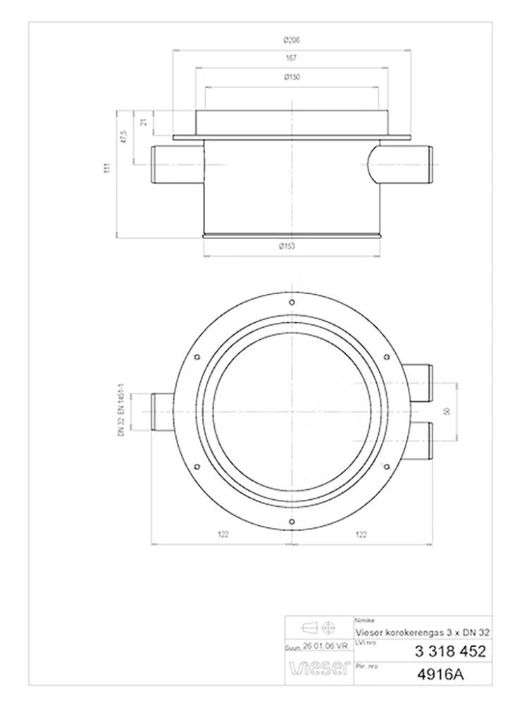 Korokerengas sivuliitännöillä Vieser Ø150 mm