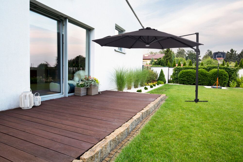 Aurinkovarjo 350 cm LED-valoilla harmaa