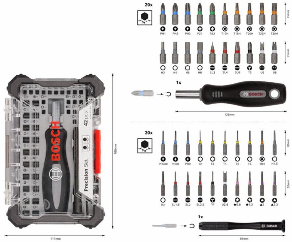 Tarkkuusruuvien ruuvauskärkisarja Bosch 42-os.