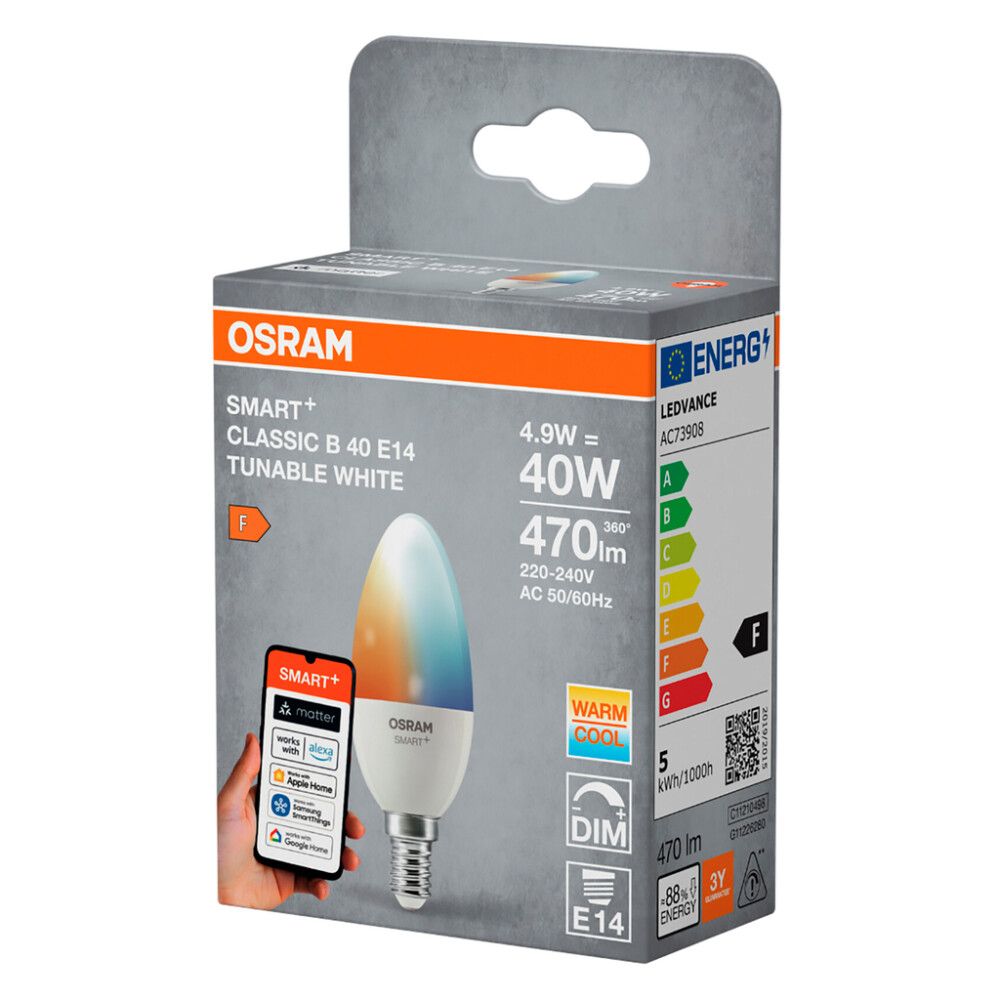 LED-kynttilälamppu Osram Smart+ WiFi Candle E14 4,9 W 470 lm TW 2700–6500 K 1 kpl/pkt