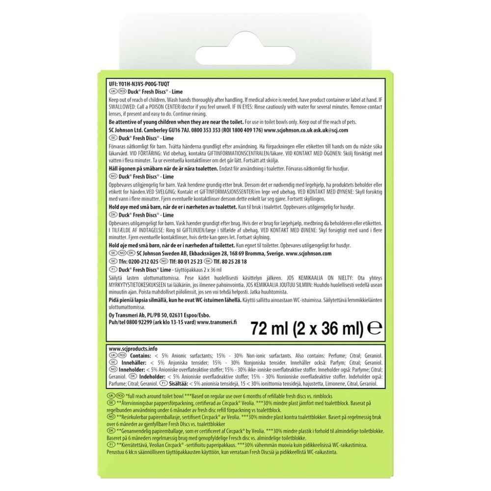 WC-raikastin Duck Fresh Discs Lime täyttöpakkaus 2 x 36 ml