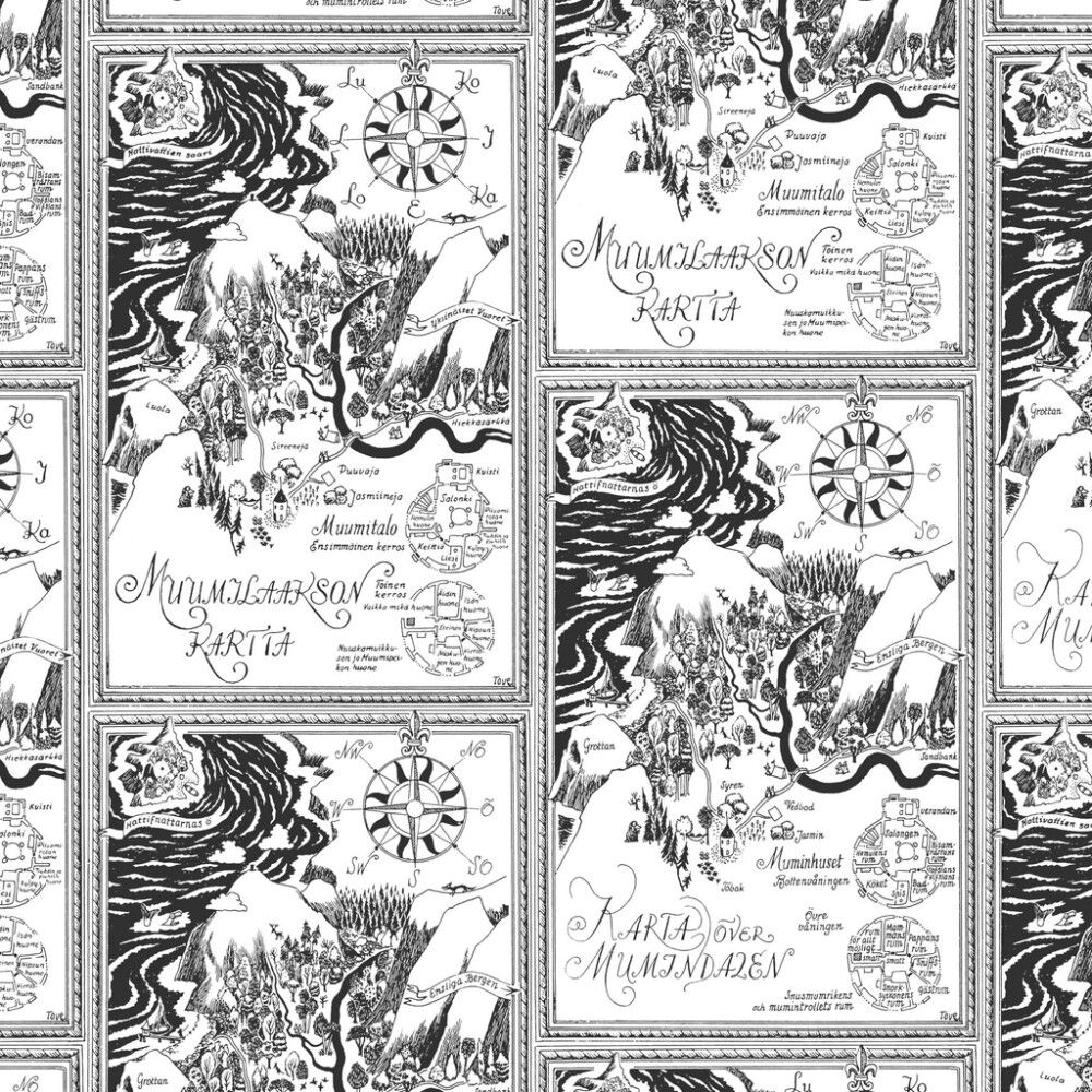 Kuitutapetti Moomin Kartta Valkoinen/musta