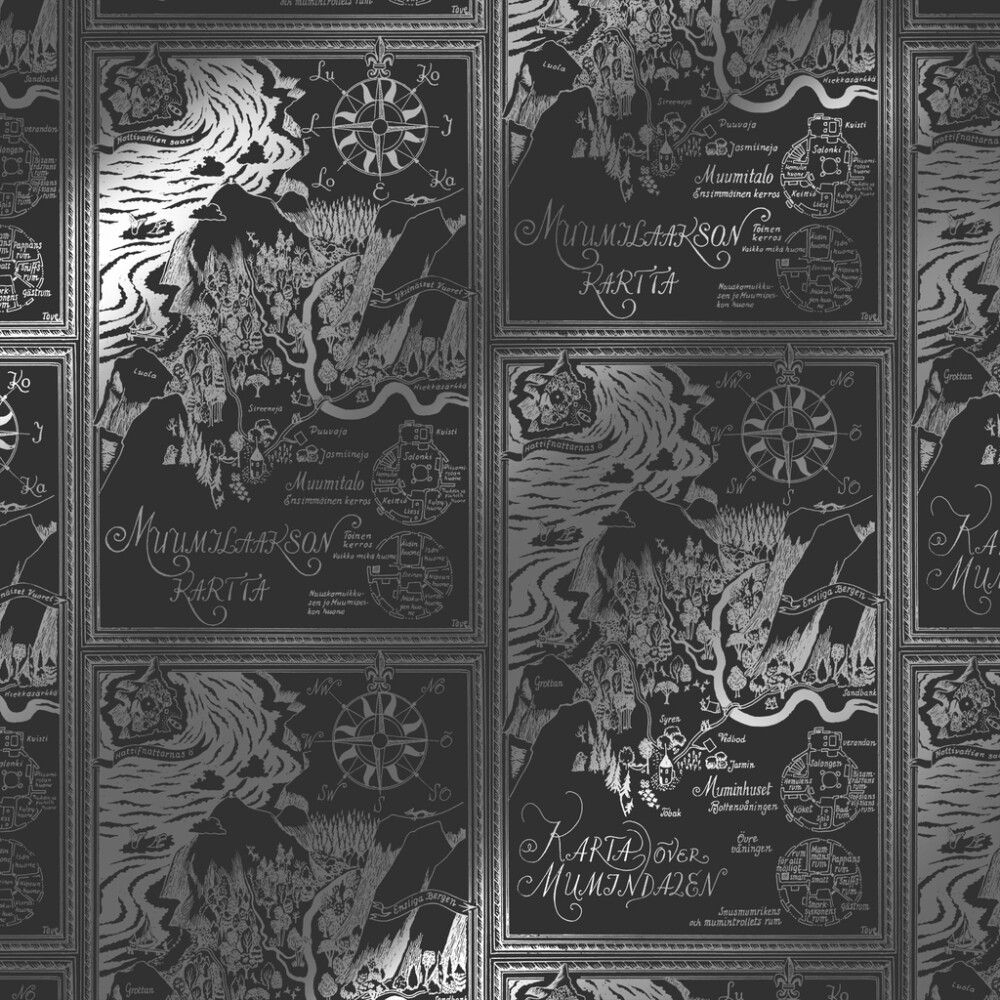 Kuitutapetti Moomin Kartta Musta-hopea