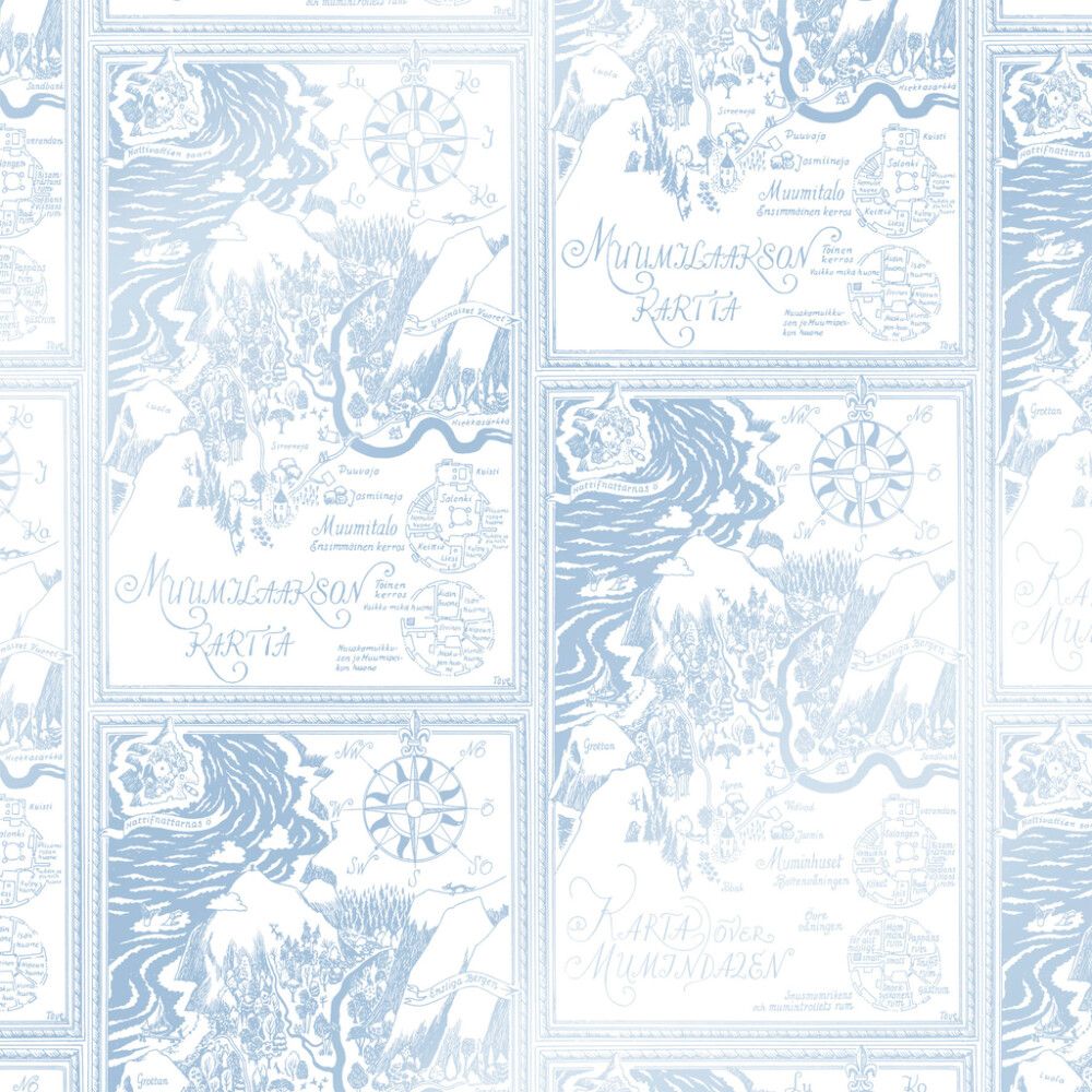 Kuitutapetti Muumi Sinivalkoinen kartta