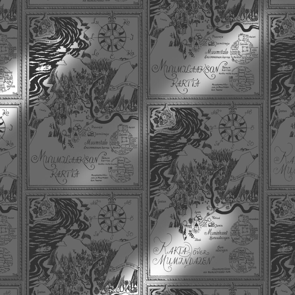 Kuitutapetti Muumi Mustahopea kartta