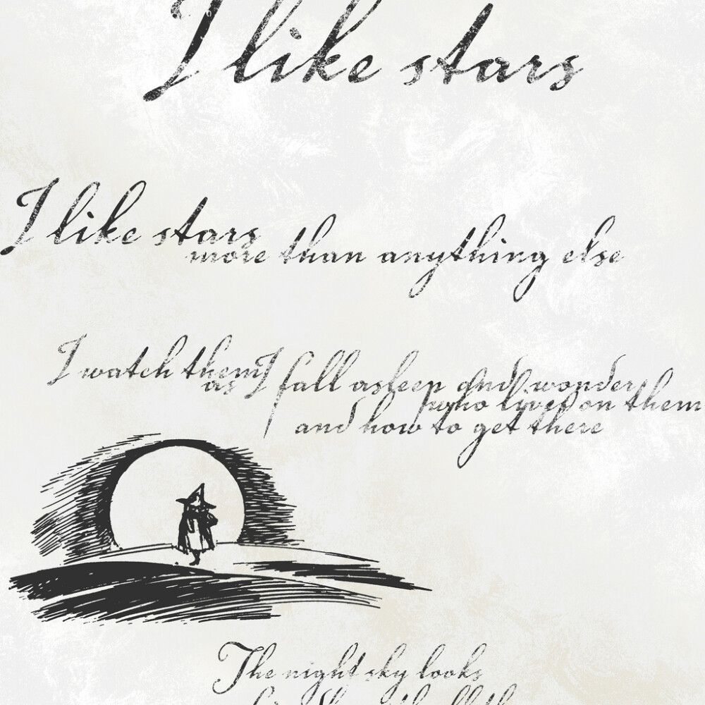 Kuitutapetti Muumi vaalea pohja musta teksti