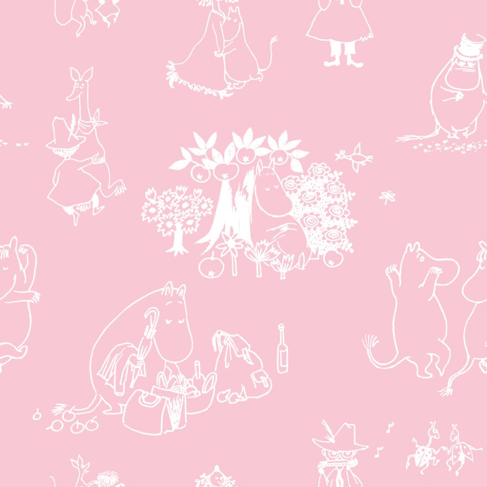 Kuitutapetti Muumihahmot vaaleanpunainen