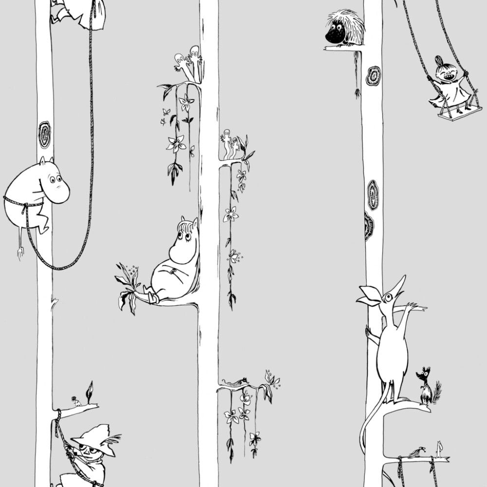 Kuitutapetti Muumit Puussa Harmaa