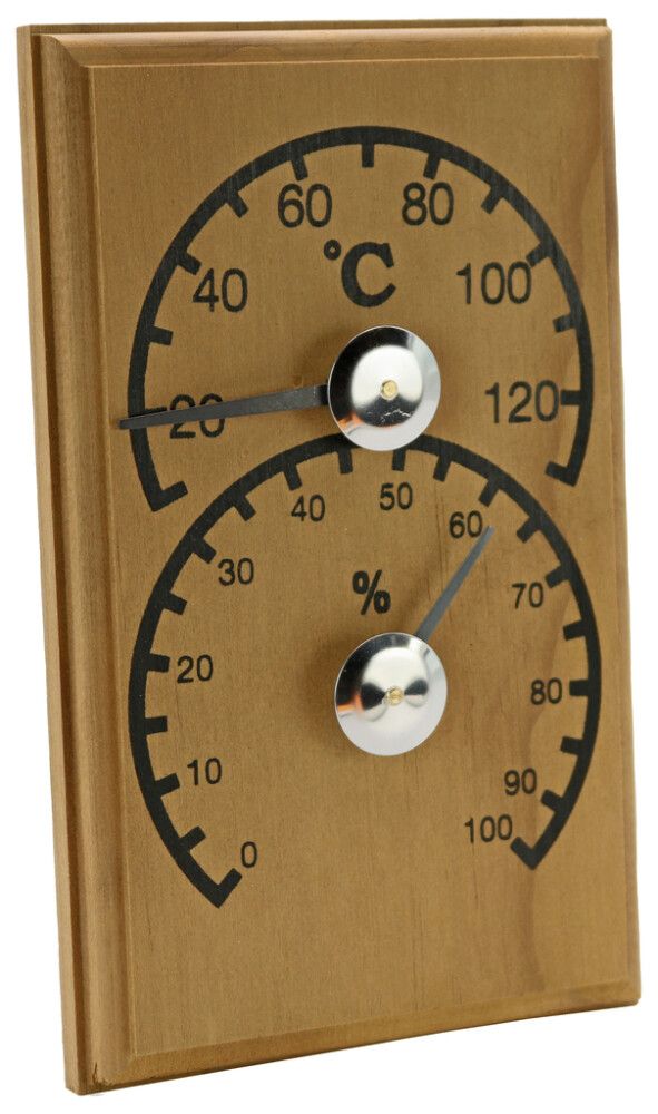 Perinteinen saunan tuplamittari.

Mittari mittaa saunan lämpötilaa ja kosteusprosenttia.

Tuplamittari on valmistettu lämpöpuusta.