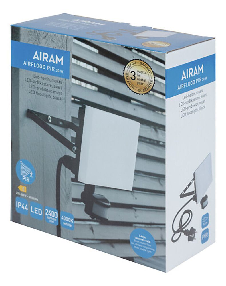 LED-valonheitin Airam Airflood PIR IP44 30W/840 2400lm BK