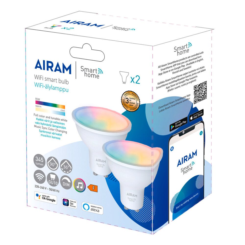 LED-lamppu Airam Smart Par 16 RGB GU10 valkoinen 2 kpl/pkt