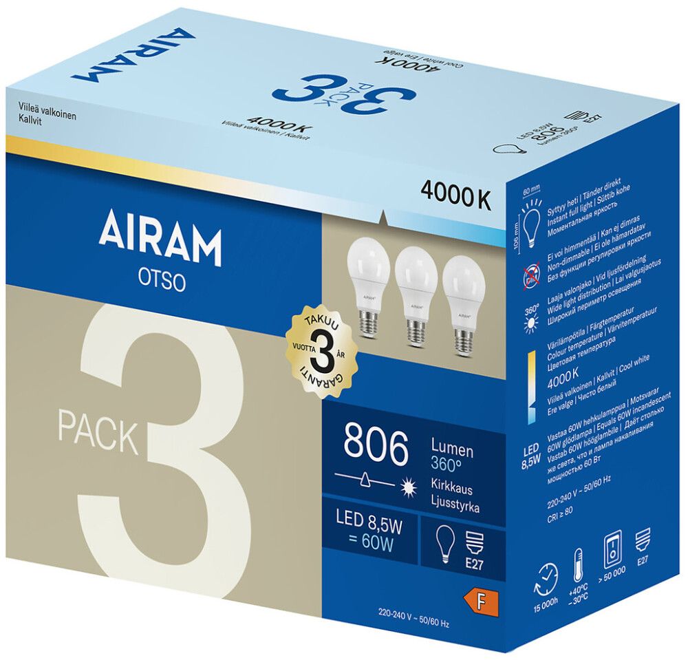 Vakiolamppu Airam LED E27 806 lm 4000 K 3 kpl