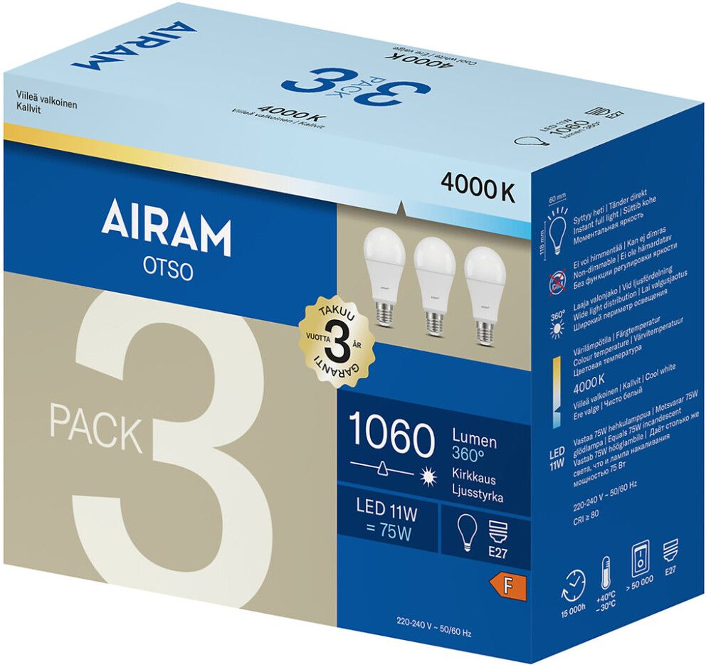 Vakiolamppu Airam LED E27 1060 lm 4000 K 3 kpl