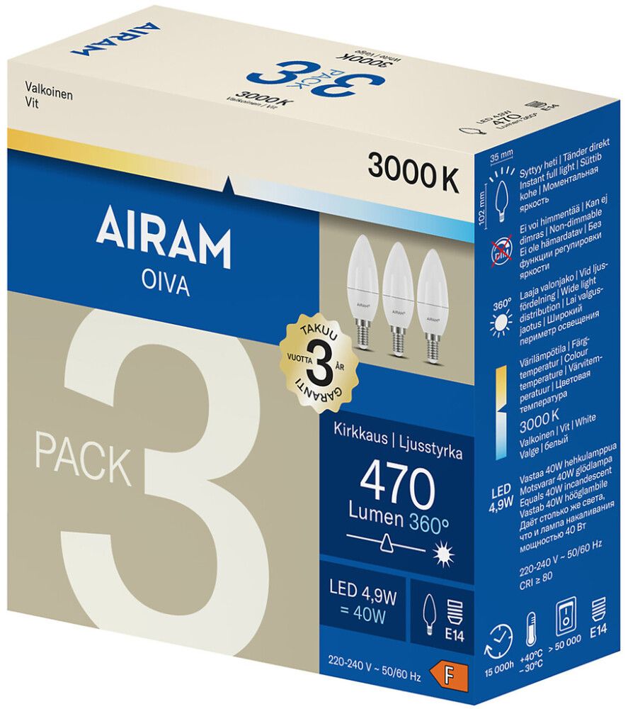 Kynttilälamppu Airam LED E14 470 lm 3000 K 3 kpl