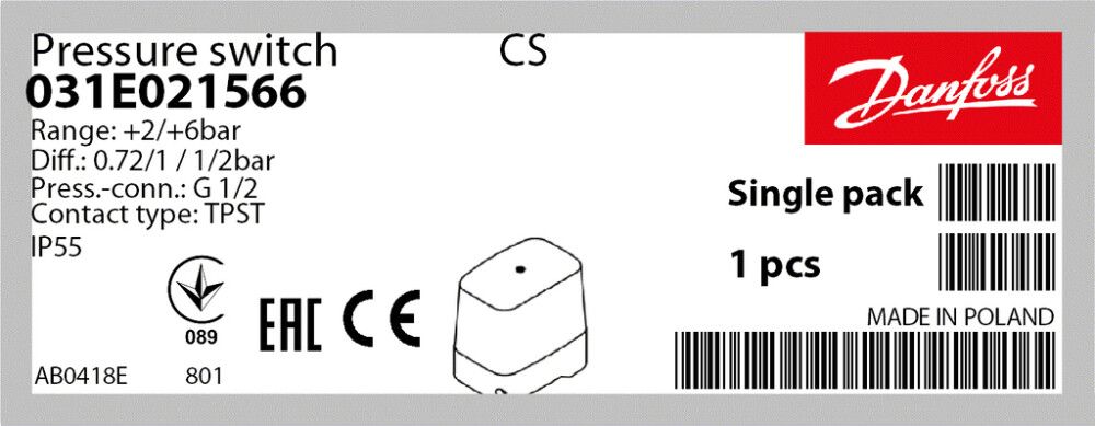 Painekytkin Danfoss 2-6 bar DN15 CS6 4562022