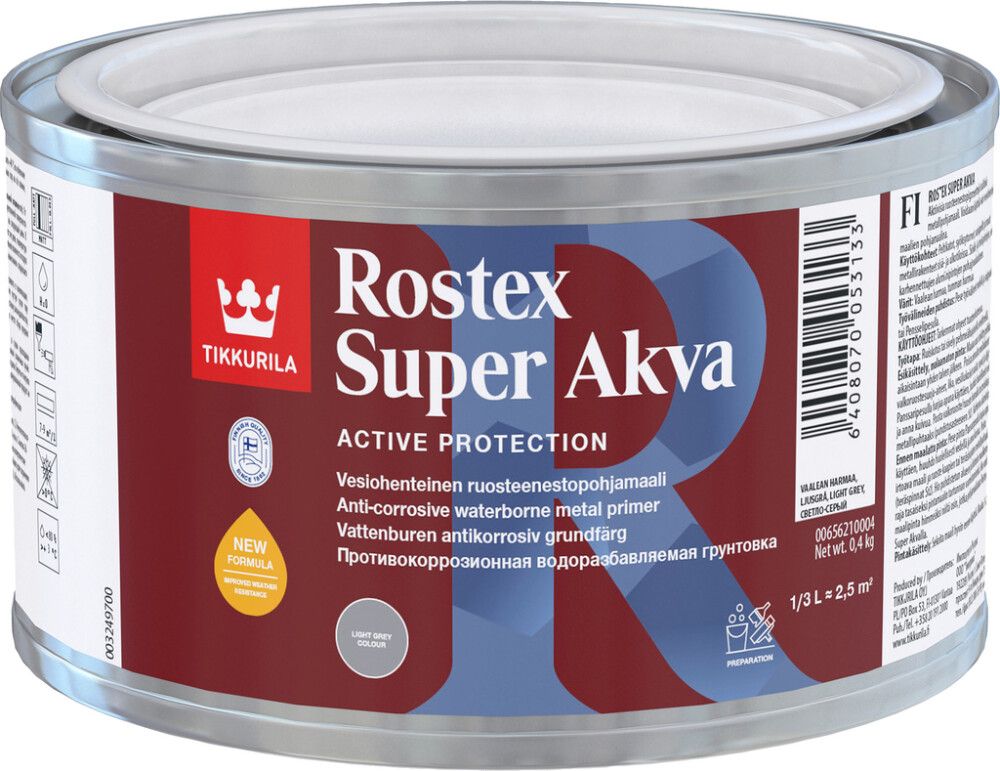 Ruosteenestopohjamaali Tikkurila Rostex Super Akva Vaaleanharmaa