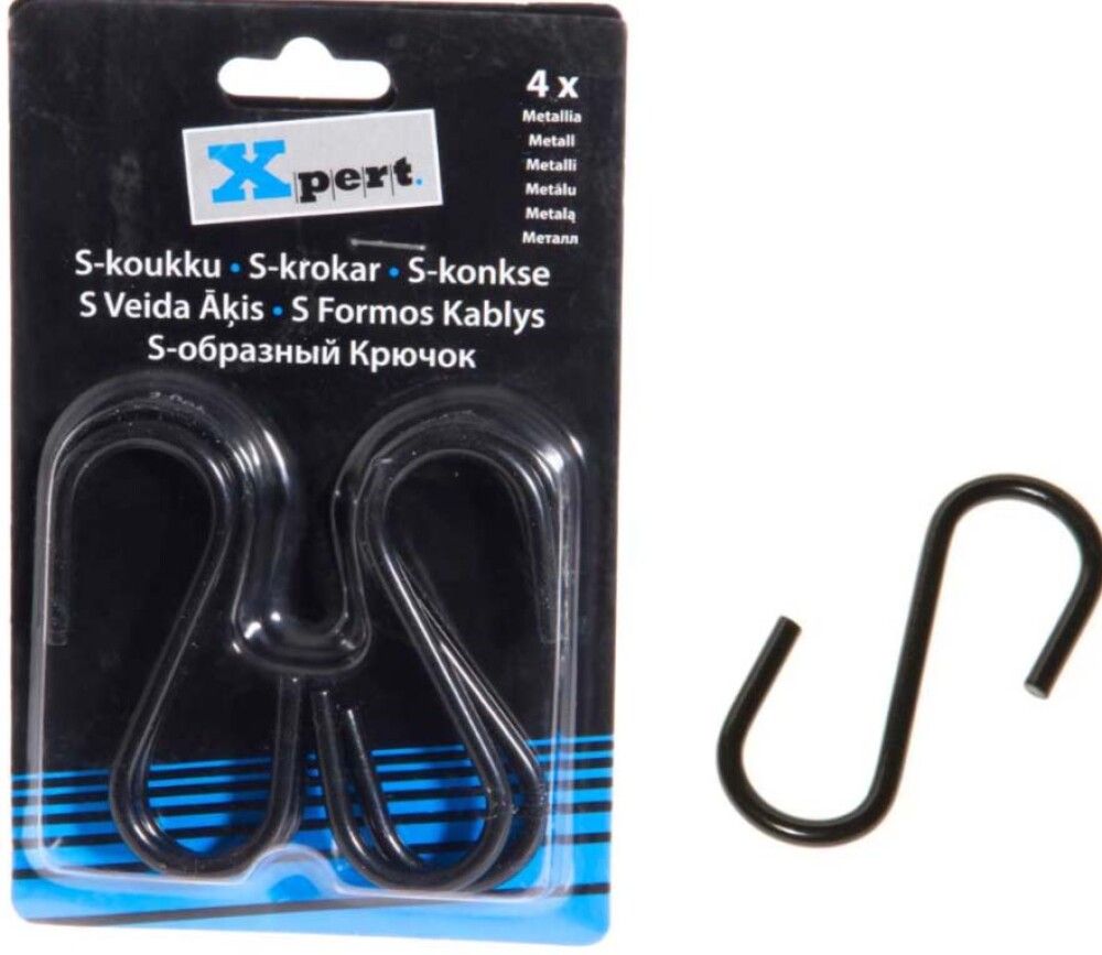 S-koukku teräs musta 4 kpl