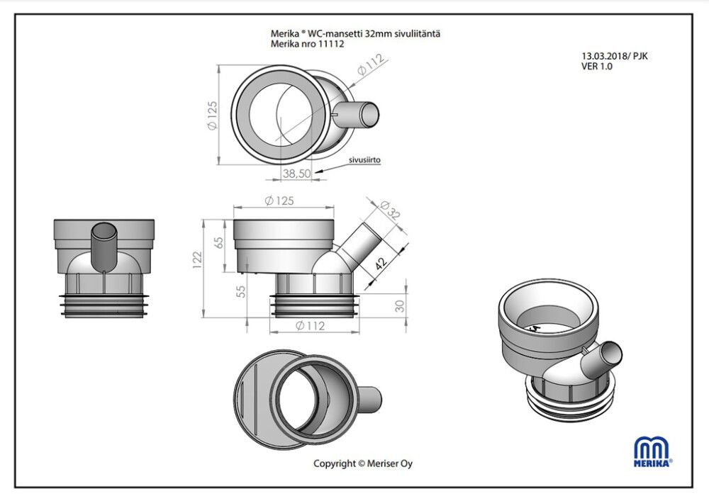 WC-mansetti Merika 32 mm tuloputkella Valkoinen