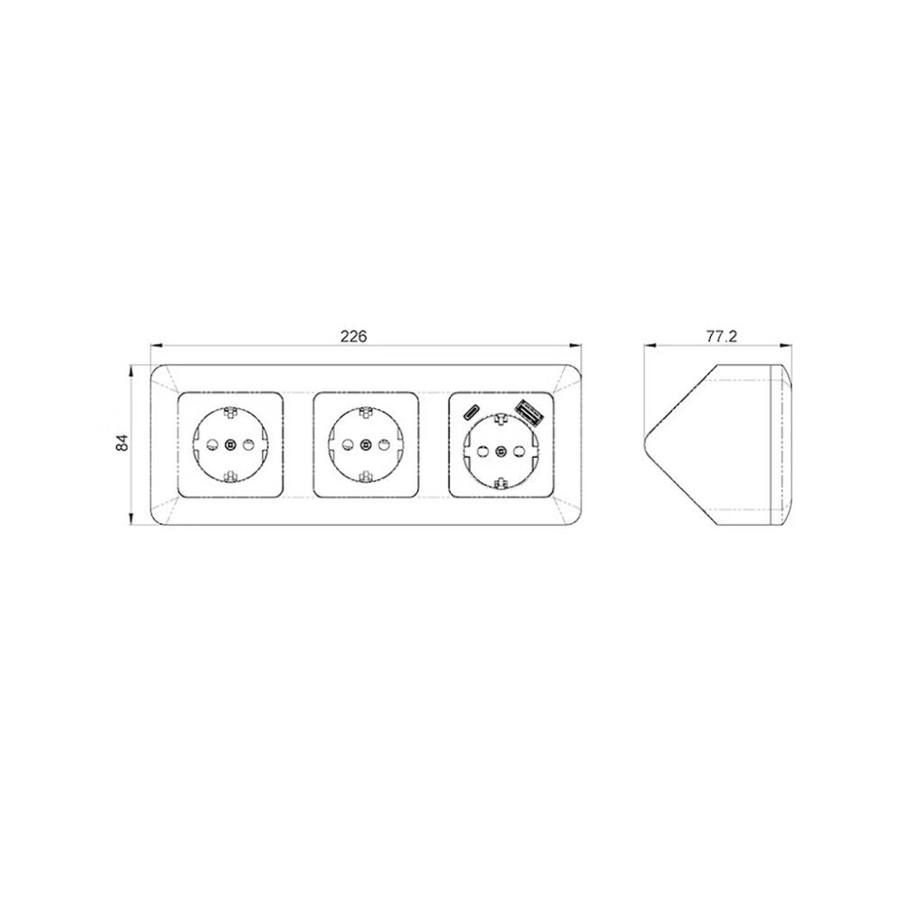 Pistorasia Opal 3S 16A IP20 PPR + 2 x USB A+C Musta 226 x 84 mm