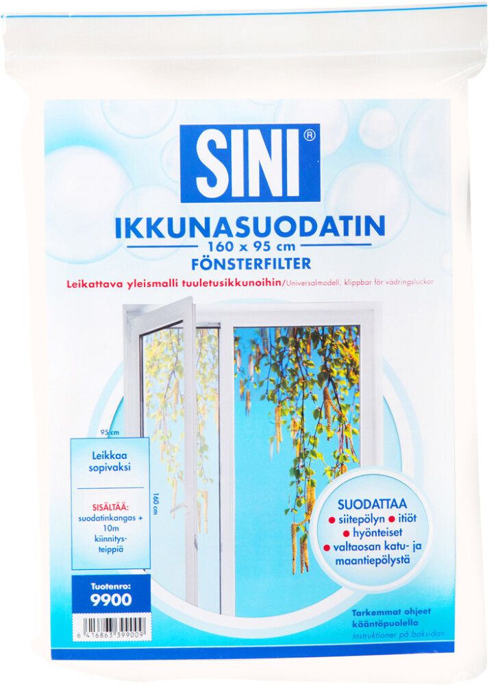 Ikkunasuodatin tuuletusikkunaan Sini