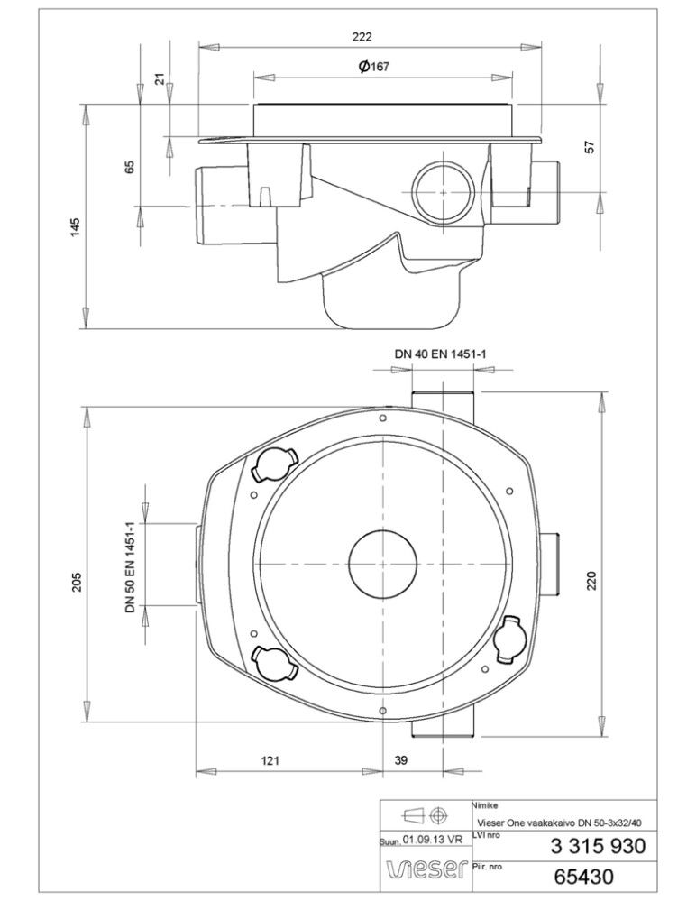 Lattiakaivo Vieser One Vaaka DN50