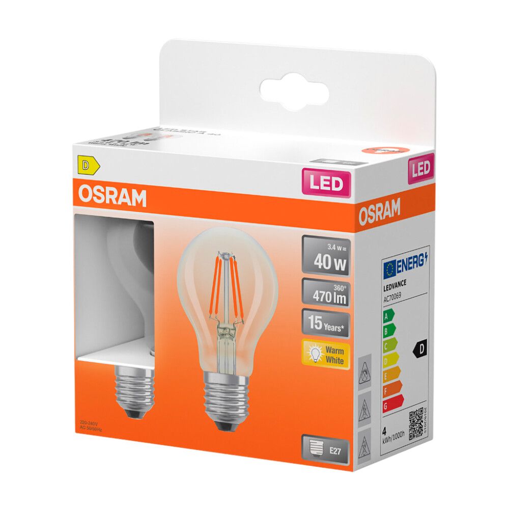 LED-lamppu Osram Star Classic A40 E27 3,4 W 470 lm 2700 K kirkas 2 kpl/pkt