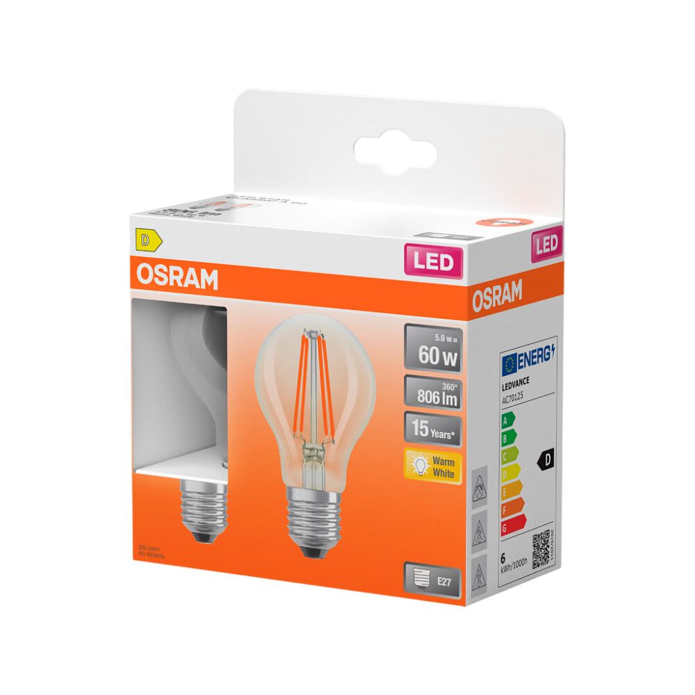 LED-lamppu Osram Star Classic A60 E27 5,9 W 806 lm 2700 K kirkas 2 kpl/pkt