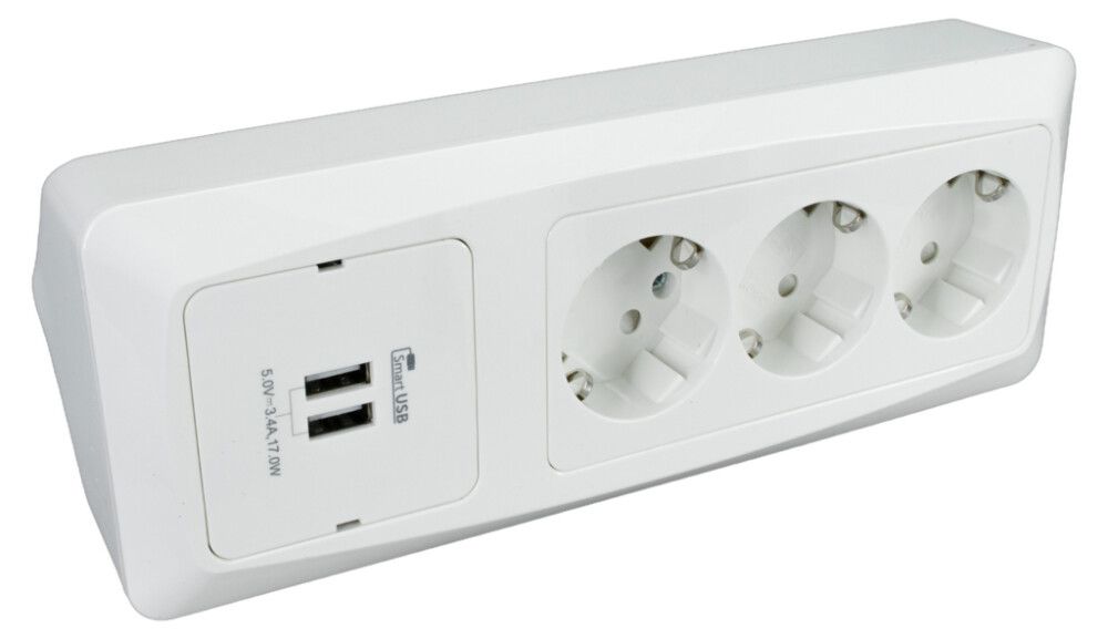 Kulmapistorasia Etman 3-osainen + 2 x USB valkoinen