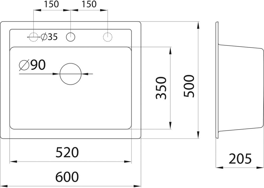 Keittiöallas Aqualine Quadro grafiitinmusta 60 x 50 cm