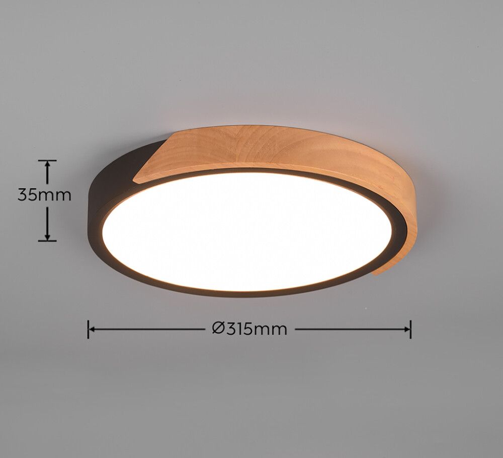 Kattovalaisin Reality Leuchten Jano Mattamusta/Puu Ø 31 cm