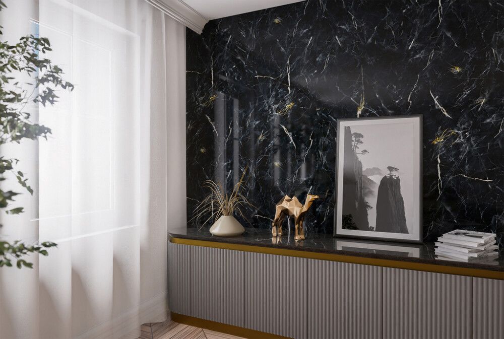 Alumiinikomposiittilevy Stocksund Stole U7 harjattu pronssi / musta-kulta marmori 610 x 3010 mm