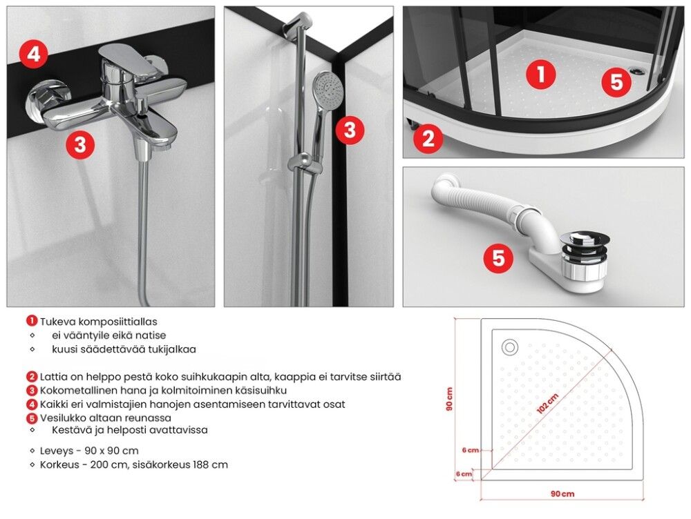 Suihkukaappi Stocksund Suka 4 ilman hanaa 90 x 90 x 200 cm