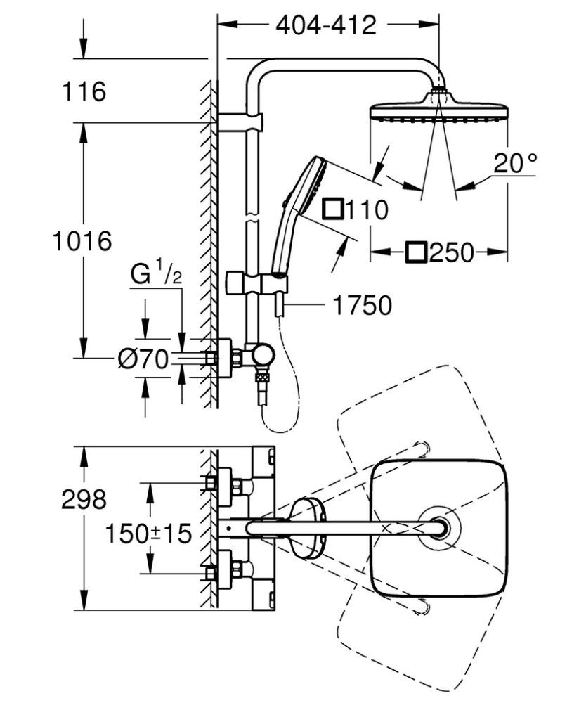 Suihkujärjestelmä GROHE Vitalio Comfort 250 Cube termostaatilla mattamusta