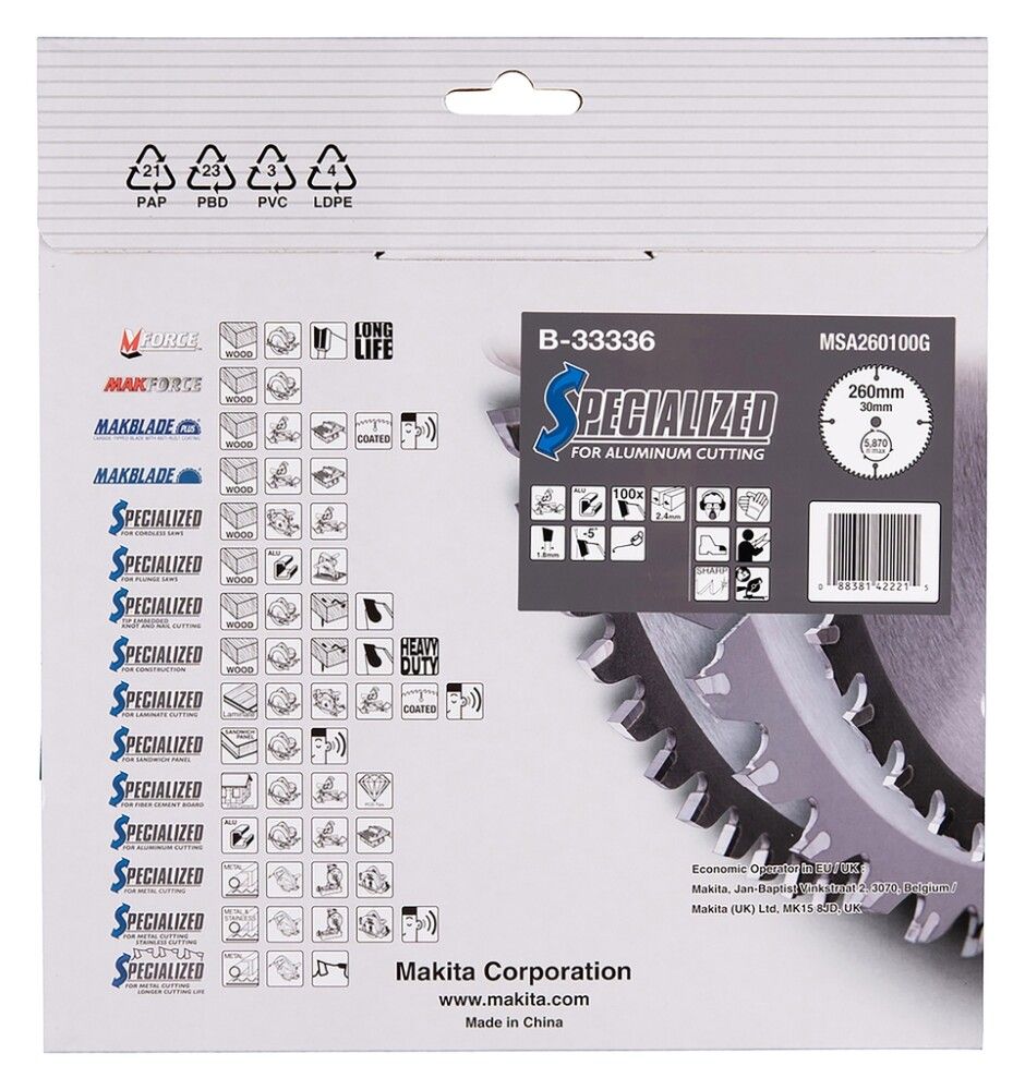 Pyörösahanterä Makita B-33336 Z-100 Ø 260 x 30 x 2,3 mm