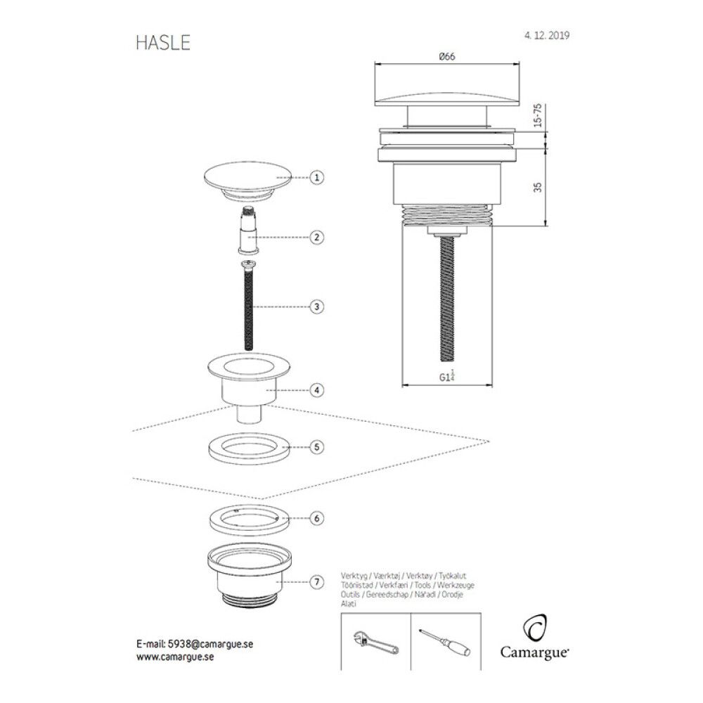 Pohjaventtiili Camargue Hasle Pop-UP matta valkoinen