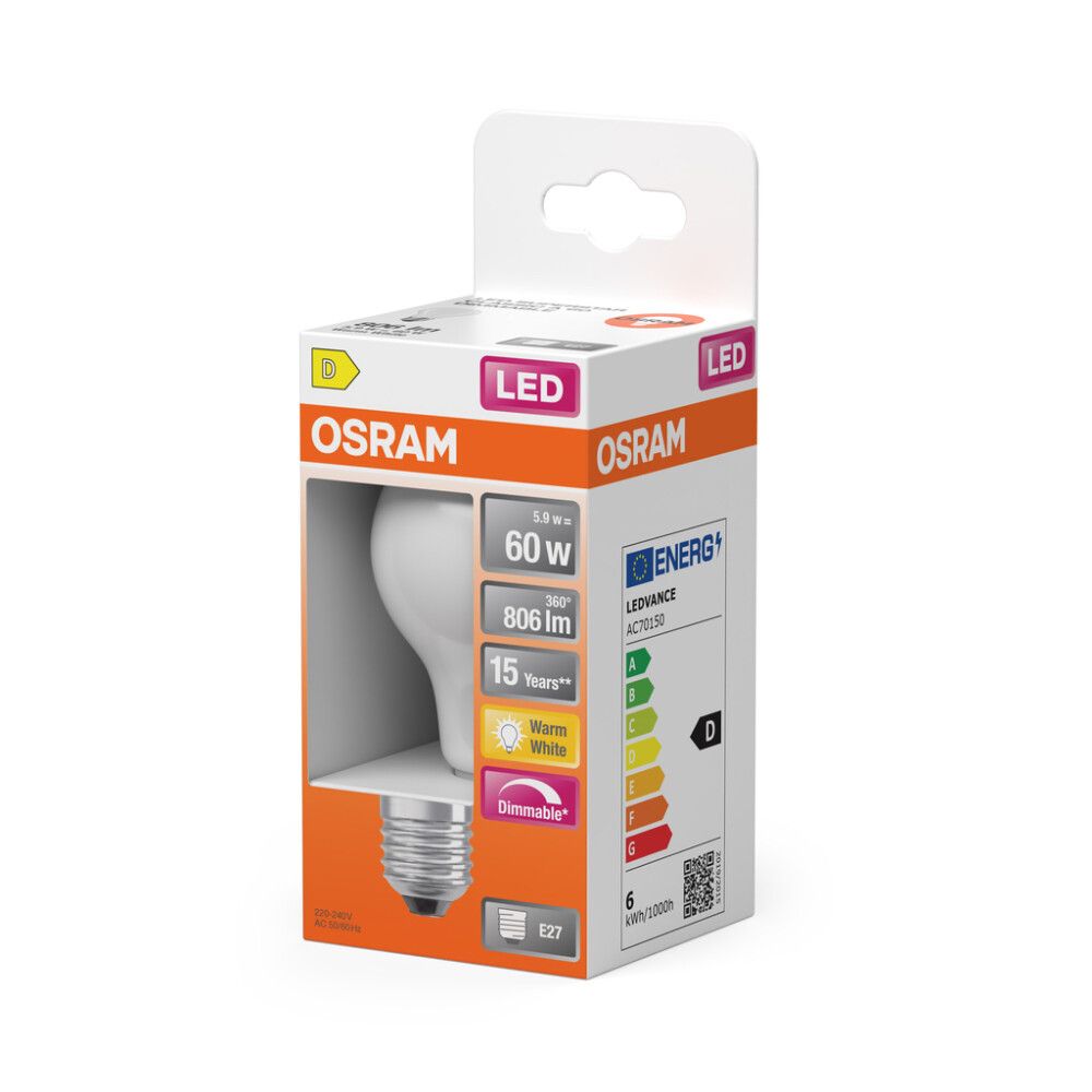 LED-lamppu Osram Star Classic A60 DIM E27 5,9 W 806 lm 2700 K opaali 1 kpl/pkt