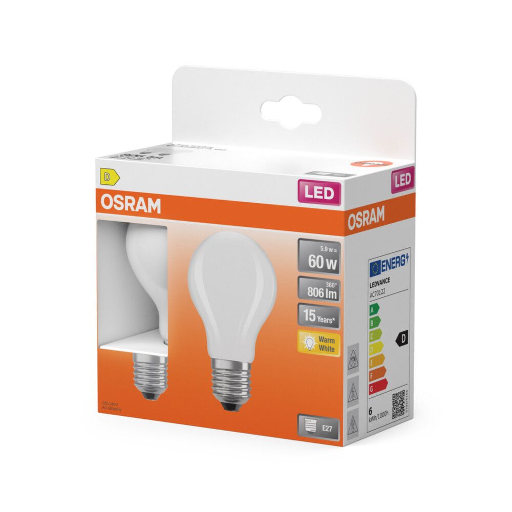 LED-lamppu Osram Star Classic A60 E27 5,9 W 806 lm 2700 K opaali 2 kpl/pkt